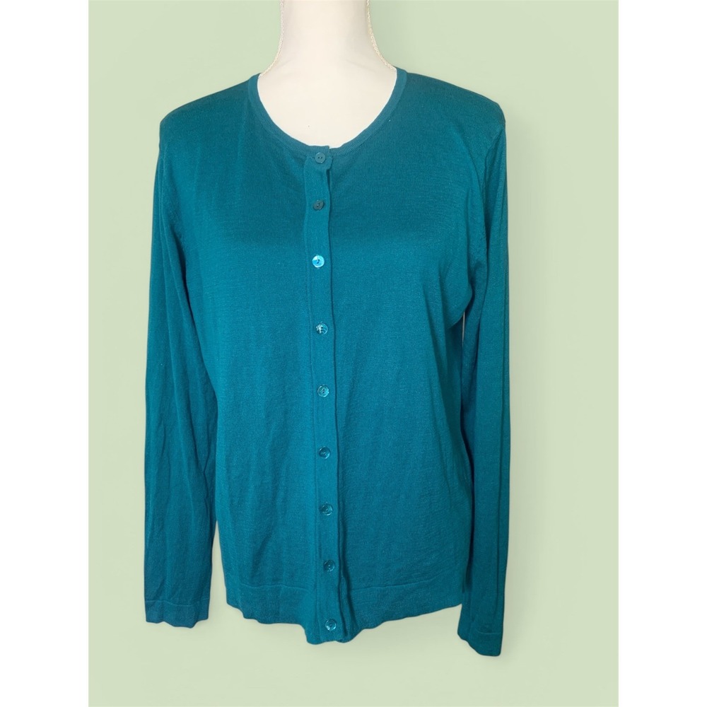 August Silk‎ Teal Blue Green Button Front Cardigan Sweater Womens XL Minimalist